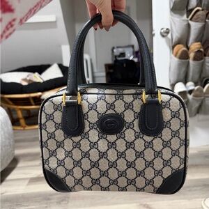 Authentic Gucci Beige and Navy Satchel with Gold Hardware